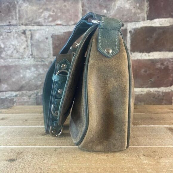 Ariat Western Teal Blue & Brown Leather Shoulder Bag Purse With Buckle Flap Clos - Picture 3 of 9